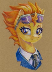 Size: 828x1135 | Tagged: safe, artist:maytee, imported from derpibooru, spitfire, pegasus, pony, bust, clothes, colored pencil drawing, portrait, solo, sunglasses, traditional art