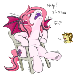 Size: 566x567 | Tagged: safe, artist:jargon scott, imported from derpibooru, oc, oc only, oc:arrhythmia, oc:java chip, bat pony, pony, unicorn, bat pony oc, butt, chair, chubby, dialogue, duo, eyes closed, fangs, female, horn, laughing, mare, nose in the air, open mouth, open smile, plot, pointing, raised hoof, simple background, smiling, spread wings, stuck, the ass was too fat, underhoof, white background, wings