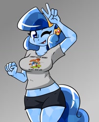 Size: 993x1227 | Tagged: safe, artist:whatsapokemon, imported from derpibooru, oc, oc only, oc:heart song, anthro, crystal pony, clothes, female, garfield, midriff, one eye closed, peace sign, shirt, shorts, solo, t-shirt, wink