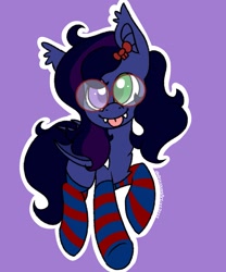Size: 1707x2048 | Tagged: safe, artist:anxioussartist, imported from derpibooru, oc, oc only, oc:shadow twinkle, bat pony, pony, :p, clothes, cute, fangs, femboy, glasses, heterochromia, male, outline, purple background, round glasses, simple background, socks, solo, striped socks, tongue out, white outline