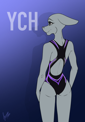 Size: 1640x2360 | Tagged: safe, artist:stirren, imported from derpibooru, anthro, clothes, commission, ears back, female, looking sideways, one-piece swimsuit, pinup, sports swimsuit, standing, swimsuit, your character here