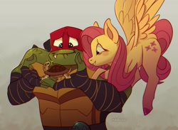 Size: 3060x2240 | Tagged: safe, artist:kai polosatiy, imported from derpibooru, fluttershy, pegasus, pony, turtle, crossover, cute, flying, raphael, rise of the teenage mutant ninja turtles, snapping turtle, teenage mutant ninja turtles