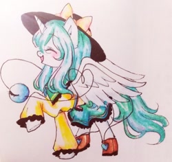 Size: 650x614 | Tagged: safe, artist:一般路过恋猹, imported from derpibooru, alicorn, pony, clothes, crossover, cute, female, happy, hat, komeiji koishi, mare, ponified, skirt, smiling, touhou