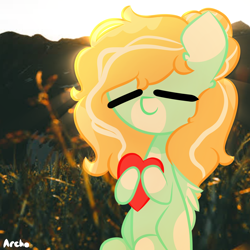 Size: 2000x2000 | Tagged: safe, artist:arche, imported from derpibooru, oc, oc only, oc:pop mint, pegasus, pony, eyes closed, heart, markings, pegasus oc, real life background, solo