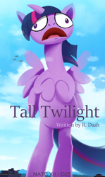 Size: 1188x1991 | Tagged: safe, artist:darksly, imported from derpibooru, twilight sparkle, alicorn, pony, testing testing 1-2-3, atg 2022, book cover, cover, faic, female, giantess, i am not that tall, implied rainbow dash, macro, mare, name, newbie artist training grounds, open mouth, solo, tank (vehicle), text, twilight sparkle (alicorn)