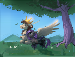 Size: 3261x2508 | Tagged: safe, artist:alumx, imported from derpibooru, oc, oc only, earth pony, pegasus, antlers, clothes, crown, duo, duo male and female, female, jewelry, lying down, male, oc x oc, prone, regalia, shipping, socks, spread wings, straight, striped socks, tree, wings