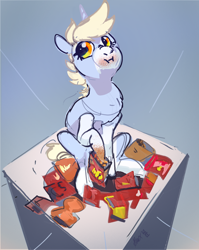 Size: 1936x2434 | Tagged: safe, artist:alumx, imported from derpibooru, oc, oc only, oc:nootaz, pony, unicorn, :i, cheetos, chip bag, coat markings, female, looking away, mare, sitting, solo