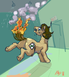 Size: 3409x3808 | Tagged: safe, artist:alumx, imported from derpibooru, oc, oc only, earth pony, pony, butt, exit, fire, high res, male, plot, smoke, solo, sprinkler, stallion, tail, tail on fire, underhoof