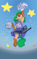 Size: 2702x4326 | Tagged: safe, artist:alumx, imported from derpibooru, oc, oc only, oc:heartspring, earth pony, pony, amputee, cheerleader, cheerleader outfit, clothes, female, high res, mare, nose in the air, open mouth, open smile, pom pom, prosthetic leg, prosthetic limb, prosthetics, smiling, solo