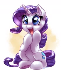 Size: 1500x1800 | Tagged: safe, artist:whitediamonds, imported from derpibooru, rarity, pony, unicorn, cute, digital art, female, happy, horn, mare, open mouth, raribetes, simple background, sitting, smiling, solo, tail, wahaha, white background