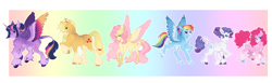 Size: 9500x2933 | Tagged: safe, artist:thegoogs, imported from derpibooru, applejack, fluttershy, pinkie pie, rainbow dash, rarity, twilight sparkle, alicorn, classical unicorn, earth pony, pegasus, pony, unicorn, alternate hairstyle, cloven hooves, colored wings, ethereal mane, feathered fetlocks, female, gradient background, gradient wings, hooves, leonine tail, mane six, mare, multicolored hooves, rainbow background, spread wings, starry mane, tail, tail feathers, twilight sparkle (alicorn), unshorn fetlocks, wings