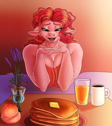 Size: 1822x2048 | Tagged: safe, artist:unfinishedheckery, imported from derpibooru, pinkie pie, anthro, earth pony, bedroom eyes, breakfast in bed, breasts, busty pinkie pie, clothes, coffee, coffee mug, digital art, female, floppy ears, flower, food, juice, looking at you, mug, offscreen character, open mouth, orange juice, pancakes, peach, pov, shirt, solo