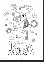 Size: 1124x1583 | Tagged: safe, artist:unfinishedheckery, imported from derpibooru, oc, oc only, semi-anthro, unicorn, clothes, cloven hooves, digital art, dress, flower, horn, lineart, monochrome, solo, standing, tail