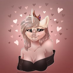 Size: 2048x2048 | Tagged: safe, artist:unfinishedheckery, imported from derpibooru, oc, oc only, anthro, unicorn, bedroom eyes, breasts, clothes, commission, crown, digital art, female, heart, horn, jewelry, regalia, shirt, solo, unicorn oc