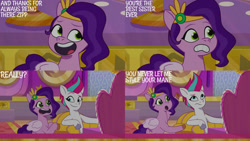 Size: 1280x720 | Tagged: safe, edit, edited screencap, editor:quoterific, imported from derpibooru, screencap, pipp petals, zipp storm, pegasus, pony, spoiler:g5, spoiler:my little pony: tell your tale, spoiler:tyts01e05, :o, :s, duo, female, g5, headband, jewelry, looking at each other, looking at someone, mane melody, mare, my little pony: tell your tale, open mouth, open smile, regalia, royal sisters (g5), siblings, sisters, smiling, sparkly eyes, text, unamused, wavy mouth, wingding eyes, zipp storm is not amused