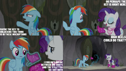 Size: 1280x720 | Tagged: safe, edit, edited screencap, editor:quoterific, imported from derpibooru, screencap, rainbow dash, rarity, pegasus, pony, unicorn, season 8, the end in friend, spoiler:s08, butt, duo, eyes closed, female, floppy ears, magic, mare, open mouth, open smile, plot, smiling, telekinesis, text