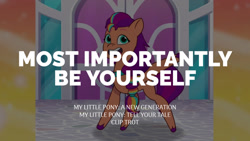Size: 1280x720 | Tagged: safe, edit, edited screencap, editor:quoterific, imported from derpibooru, screencap, sunny starscout, earth pony, pony, spoiler:g5, spoiler:my little pony: tell your tale, spoiler:tyts01e07, clip trot, female, g5, mane stripe sunny, mare, my little pony: tell your tale, open mouth, open smile, smiling, solo, text