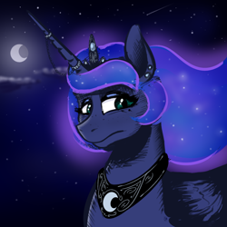 Size: 2000x2000 | Tagged: safe, artist:oldman, imported from derpibooru, princess luna, alicorn, pony, glowing, glowing hair, horn, horn jewelry, jewelry, moon, night, simple background, sketch, solo, stars, wings