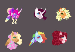 Size: 1280x898 | Tagged: dead source, safe, artist:ewpluto, imported from derpibooru, applejack, fluttershy, pinkie pie, rainbow dash, rarity, alicorn, earth pony, pegasus, pony, unicorn, alternate design, alternate hairstyle, base used, bust, coat markings, curved horn, facial markings, female, gray background, horn, male, mane six, mare, redesign, simple background, snip (coat marking), stallion, transgender