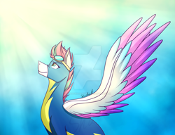 Size: 1920x1477 | Tagged: safe, artist:shadowsofazura, imported from derpibooru, zipp storm, pegasus, pony, clothes, colored wings, crepuscular rays, deviantart watermark, female, g5, goggles on head, looking up, mare, multicolored wings, obtrusive watermark, profile, signature, smiling, solo, spread wings, sunlight, uniform, watermark, wings, wonderbolts uniform