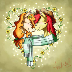 Size: 1024x1024 | Tagged: safe, artist:shadowsofazura, imported from derpibooru, bright mac, pear butter, earth pony, pony, brightbutter, bust, clothes, deviantart watermark, eyes closed, female, flower, male, mare, obtrusive watermark, scarf, shared clothing, shared scarf, shipping, signature, smiling, stallion, straight, striped scarf, watermark