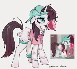 Size: 2048x1836 | Tagged: safe, artist:amatou_akuma, imported from derpibooru, rarity, pony, unicorn, friendship university, alternate hairstyle, backwards ballcap, baseball cap, bubblegum, cap, clothes, desaturated, disguise, food, gum, hat, plainity, screencap reference, solo