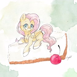 Size: 3755x3755 | Tagged: safe, artist:lightisanasshole, imported from derpibooru, fluttershy, pegasus, pony, cake, cheesecake, cherry, chest fluff, cute, female, food, looking at you, lying down, mare, missing cutie mark, ponies in food, prone, shyabetes, smiling, smiling at you, solo, traditional art, watercolor painting