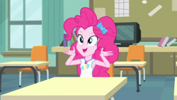 Size: 3410x1920 | Tagged: safe, imported from derpibooru, screencap, pinkie pie, human, equestria girls, equestria girls series, the finals countdown, canterlot high, clothes, crt, cute, cutie mark on clothes, desk, diapinkes, female, geode of sugar bombs, high res, jewelry, magical geodes, necklace, open mouth, open smile, smiling, solo, tanktop, television