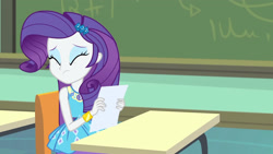 Size: 3410x1920 | Tagged: safe, imported from derpibooru, screencap, rarity, human, equestria girls, equestria girls series, the finals countdown, canterlot high, chalkboard, clothes, cutie mark on clothes, eyes closed, female, geode of shielding, hairpin, high res, magical geodes, rarity peplum dress, solo