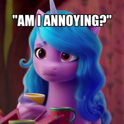 Size: 1080x1080 | Tagged: safe, edit, edited screencap, imported from derpibooru, screencap, izzy moonbow, pony, unicorn, spoiler:my little pony: a new generation, annoying, caption, cup, female, g5, image macro, mare, my little pony: a new generation, sad, solo, text