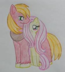 Size: 1014x1133 | Tagged: safe, artist:mileyfashon, imported from derpibooru, big macintosh, fluttershy, earth pony, pegasus, pony, blush sticker, blushing, female, fluttermac, hair over one eye, height difference, looking at each other, looking at someone, male, mare, shipping, smiling, smiling at each other, stallion, straight, traditional art