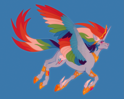 Size: 1093x868 | Tagged: safe, artist:traceofstardust, imported from derpibooru, rainbow dash, alicorn, pony, alicornified, blue background, butt, colored wings, crown, female, flying, hoof shoes, horn, jewelry, looking at you, mare, multicolored wings, plot, princess, race swap, rainbow wings, rainbowcorn, regalia, shoes, simple background, smiling, solo, winged shoes, wings