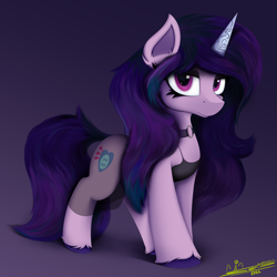 Size: 4000x4000 | Tagged: safe, artist:ser-p, imported from derpibooru, izzy moonbow, pony, unicorn, absurd resolution, clothes, dress, female, g5, goth, goth izzy, gradient background, looking at you, mare, shadow, signature, solo