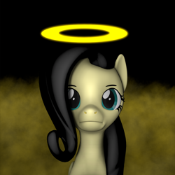 Size: 2160x2160 | Tagged: safe, artist:charismatic pony, imported from derpibooru, fluttershy, pegasus, pony, 3d, album parody, alternate hair color, black background, black hair, burning bridges, female, halo, haste the day, high res, mist, simple background, solo, source filmmaker