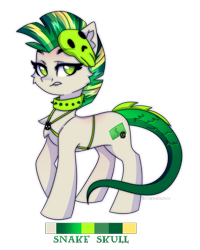 Size: 2000x2500 | Tagged: safe, artist:fluffywhirlpool, imported from derpibooru, oc, oc only, earth pony, pony, adoptable, chest fluff, collar, dragon tail, earth pony oc, female, full body, green eyes, green mane, looking at you, mare, mohawk, multicolored mane, raised hoof, reference sheet, simple background, skull mask, solo, tail, transparent background