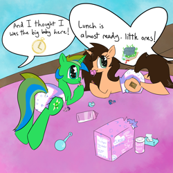 Size: 2500x2500 | Tagged: safe, artist:duckchip, imported from derpibooru, oc, pony, unicorn, action figure, baby bottle, diaper, diaper fetish, doll, duo, fetish, non-baby in diaper, pacifier, rattle, shiny eyes, speech bubble, starry eyes, tail, tail hole, toy, wingding eyes