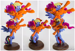 Size: 2970x2020 | Tagged: safe, artist:dustysculptures, imported from derpibooru, rainbow dash, scootaloo, pegasus, pony, craft, cute, cutealoo, dashabetes, duo, duo female, female, laughing, older, older scootaloo, puffy cheeks, raspberry, scootalove, sculpture, tickling, tummy buzz