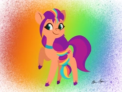 Size: 2048x1536 | Tagged: safe, artist:allisonpopick, imported from derpibooru, sunny starscout, earth pony, pony, backwards cutie mark, blue hair, female, g5, mane stripe sunny, mare, multicolored hair, my little pony: tell your tale, purple hair, rainbow hair, raised hoof, red hair, solo, yellow hair