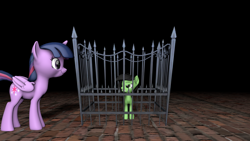 Size: 3840x2160 | Tagged: safe, artist:charismatic pony, imported from derpibooru, twilight sparkle, oc, oc:filly anon, alicorn, earth pony, pony, 3d, 4k, angry, brick floor, cage, female, filly, foal, frown, high res, mare, revamped ponies, smiling, smirk, source filmmaker