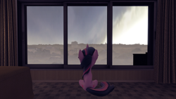 Size: 1920x1080 | Tagged: safe, artist:charismatic pony, imported from derpibooru, twilight sparkle, pony, unicorn, 3d, apartment, bed, both cutie marks, carpet, curtains, female, floor, looking out the window, mare, revamped ponies, room, solo, source filmmaker, unicorn twilight, window