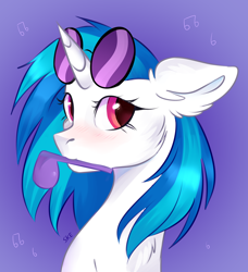 Size: 3900x4280 | Tagged: safe, artist:ske, imported from derpibooru, dj pon-3, vinyl scratch, pony, unicorn, blushing, bust, female, floppy ears, mare, mouth hold, music notes, portrait, solo, sunglasses
