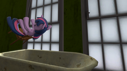 Size: 1920x1080 | Tagged: safe, artist:charismatic pony, imported from derpibooru, twilight sparkle, pony, unicorn, 3d, bathtub, chair, falling backwards, female, inception, mare, solo, source filmmaker, unicorn twilight, window