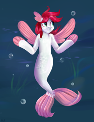 Size: 2778x3580 | Tagged: safe, artist:ske, imported from derpibooru, oc, oc only, pegasus, seapony (g4), blue background, bubble, commission, digital art, dorsal fin, female, fin wings, fins, fish tail, flowing mane, flowing tail, green eyes, mare, ocean, red mane, seaponified, seaweed, simple background, solo, species swap, tail, underwater, water, wings