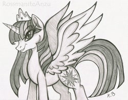 Size: 2103x1643 | Tagged: safe, artist:rossmaniteanzu, imported from derpibooru, twilight sparkle, alicorn, crown, jewelry, monochrome, pencil drawing, regalia, solo, traditional art, twilight sparkle (alicorn)