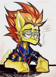 Size: 938x1280 | Tagged: safe, artist:tlen borowski, imported from derpibooru, spitfire, pegasus, cigarette, clothes, glasses, grumpy, smoking, solo, spitfire's whistle, traditional art, uniform, whistle, wonderbolts dress uniform