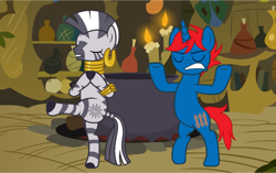 Size: 1098x691 | Tagged: safe, artist:lanternomega, artist:ry-bluepony1, imported from derpibooru, zecora, oc, oc:train track, unicorn, zebra, base used, bipedal, candle, cauldron, duo, hair, mane, pose, show accurate, tail, zecora's hut