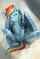 Size: 1183x1750 | Tagged: safe, artist:camyllea, imported from derpibooru, rainbow dash, pegasus, pony, cloud, cute, dashabetes, eyes closed, lying down, lying on a cloud, on a cloud, sleeping, solo