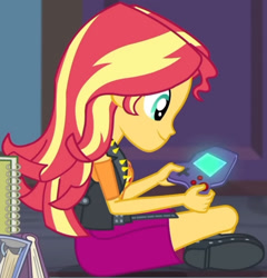 Size: 1920x1998 | Tagged: safe, imported from derpibooru, screencap, sunset shimmer, human, equestria girls, equestria girls series, the finals countdown, book, boots, clothes, cropped, cutie mark on clothes, female, geode of empathy, goofing off, high heel boots, jewelry, leather, leather boots, leather vest, magical geodes, necklace, shoes, smiling, solo, vest