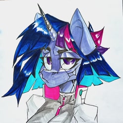 Size: 1274x1280 | Tagged: safe, artist:tlen borowski, imported from derpibooru, twilight sparkle, anthro, unicorn, alternate design, alternate hairstyle, clothes, cyberpunk, implants, looking at you, prosthetic eye, prosthetic horn, prosthetics, traditional art