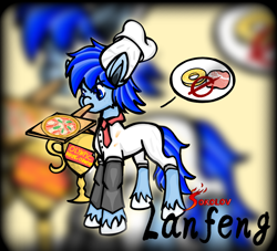 Size: 1100x1000 | Tagged: safe, artist:dzhu.sokolov, imported from derpibooru, oc, oc only, oc:snow paw(chi lanfeng), earth pony, blue eyes, blue mane, cooking, earth pony oc, food, ham, meat, pineapple, pizza